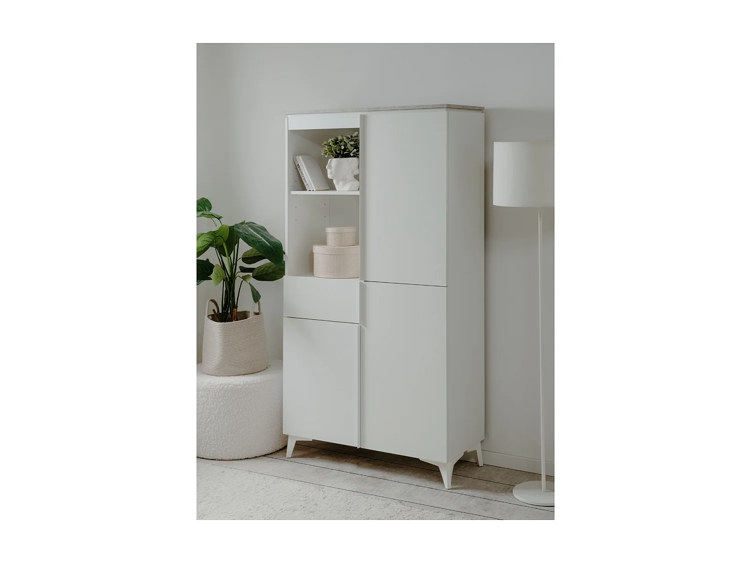 Buffet haut 3 portes, 3 étagères, 1 tiroir, et 2 niches décor travertin et blanc L88cm - BERTRIX