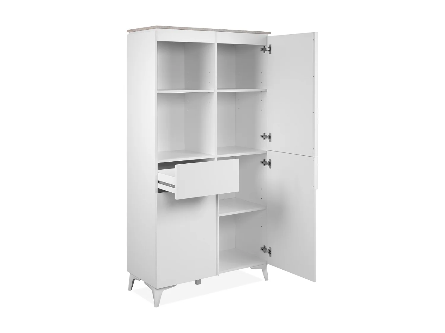 Buffet haut 3 portes, 3 étagères, 1 tiroir, et 2 niches décor travertin et blanc L88cm - BERTRIX