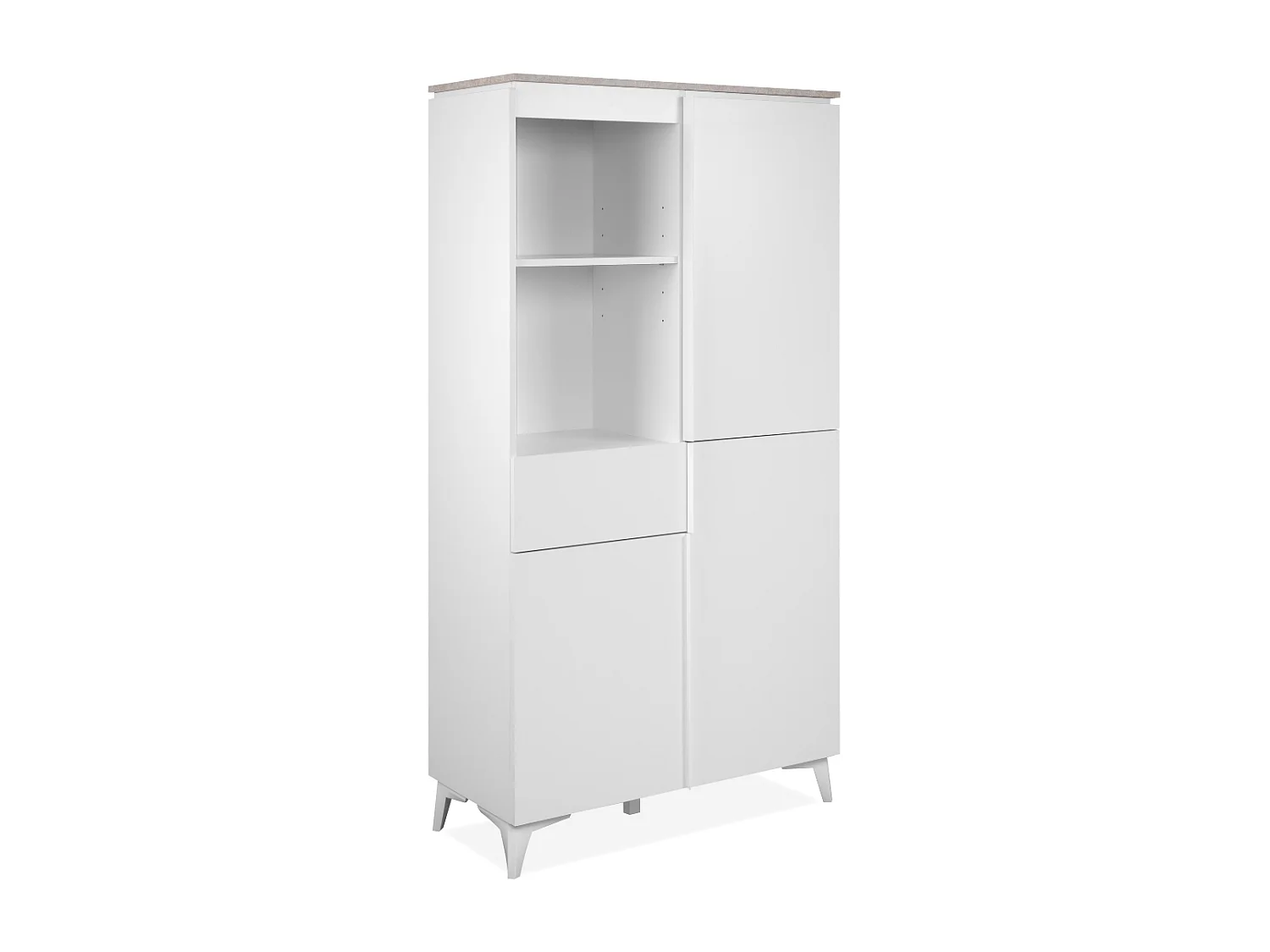 Buffet haut 3 portes, 3 étagères, 1 tiroir, et 2 niches décor travertin et blanc L88cm - BERTRIX