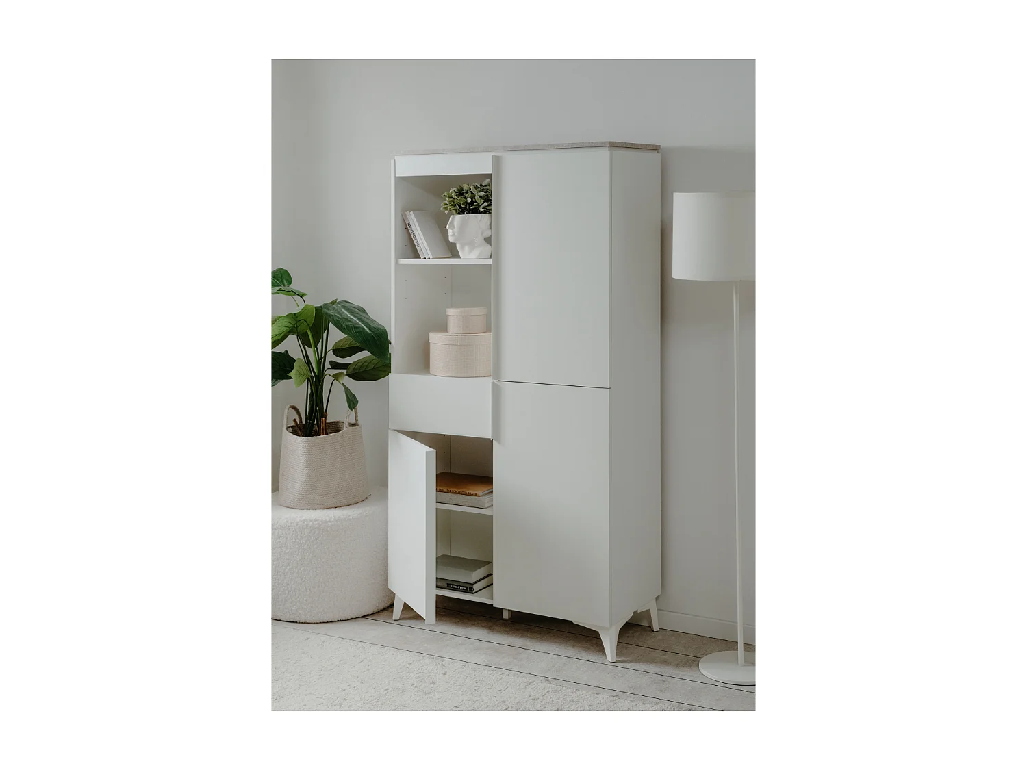 Buffet haut 3 portes, 3 étagères, 1 tiroir, et 2 niches décor travertin et blanc L88cm - BERTRIX