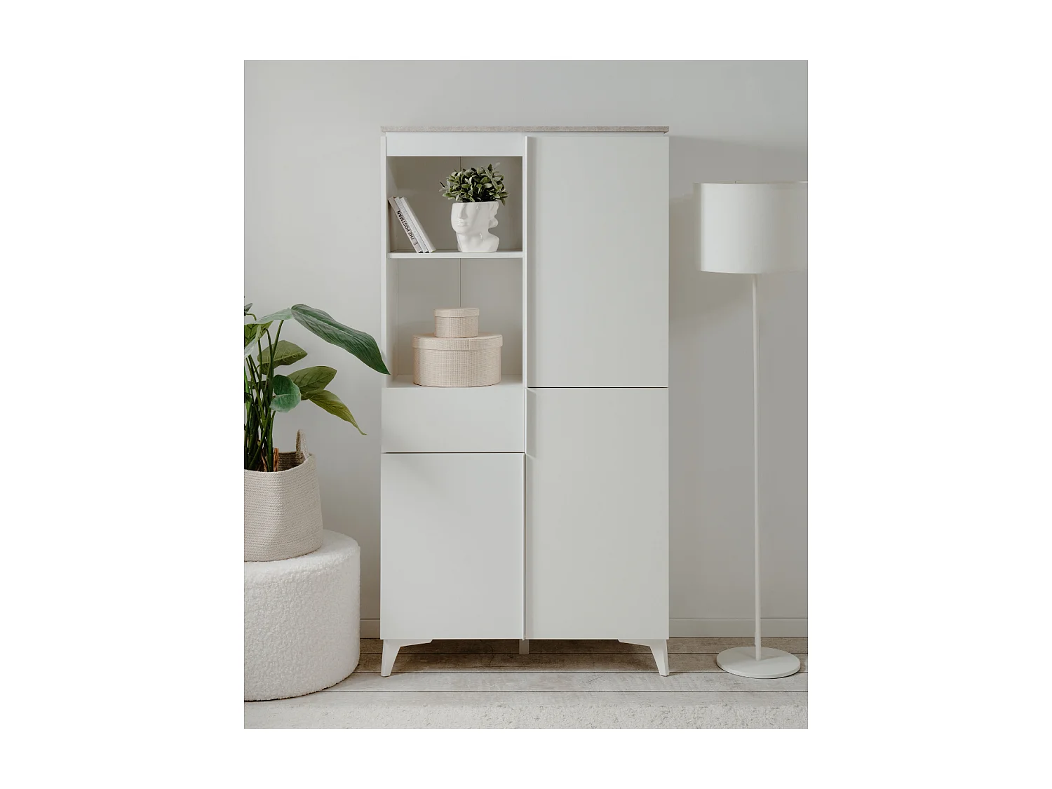 Buffet haut 3 portes, 3 étagères, 1 tiroir, et 2 niches décor travertin et blanc L88cm - BERTRIX
