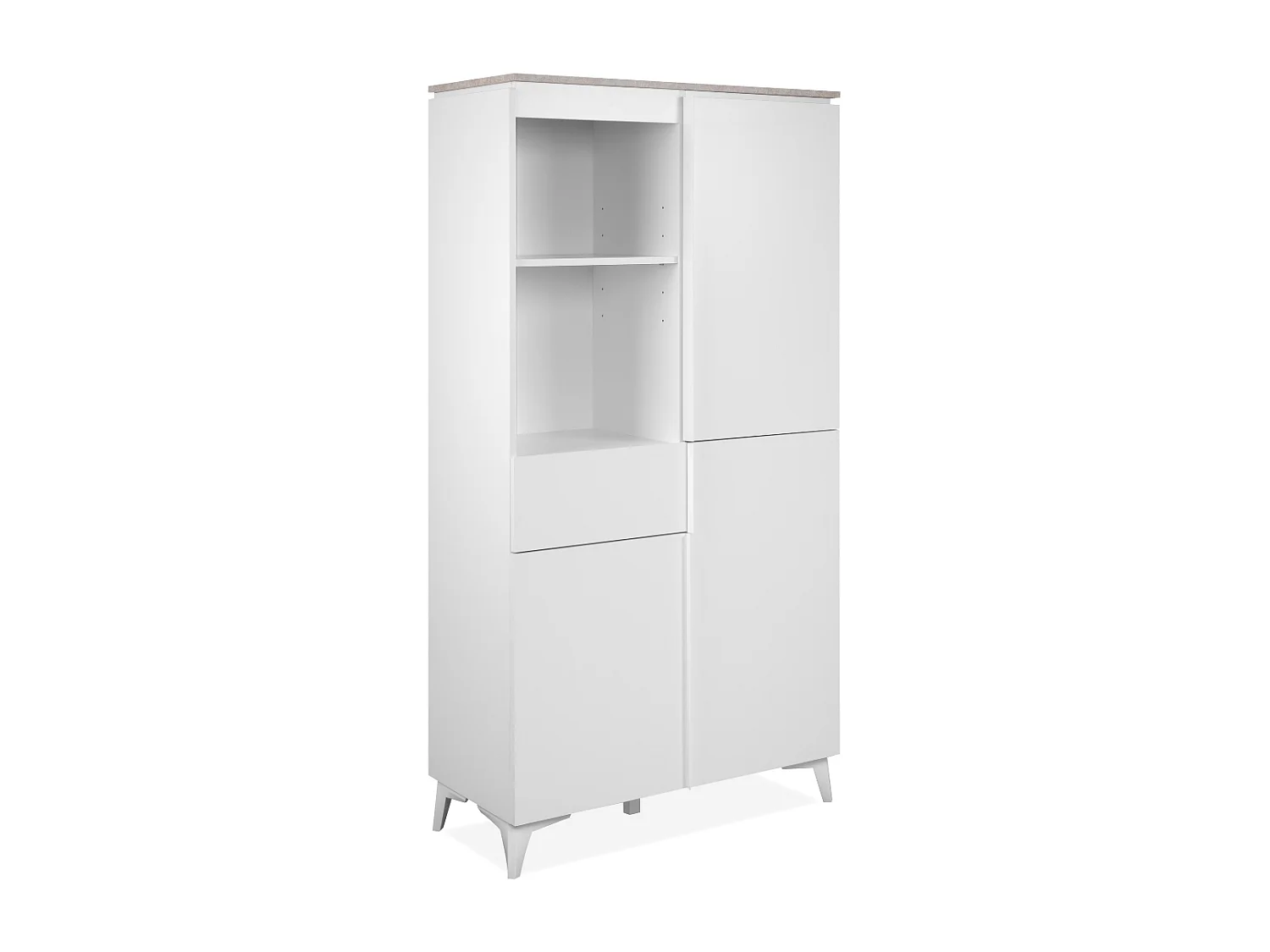 Buffet haut 3 portes, 3 étagères, 1 tiroir, et 2 niches décor travertin et blanc L88cm - BERTRIX