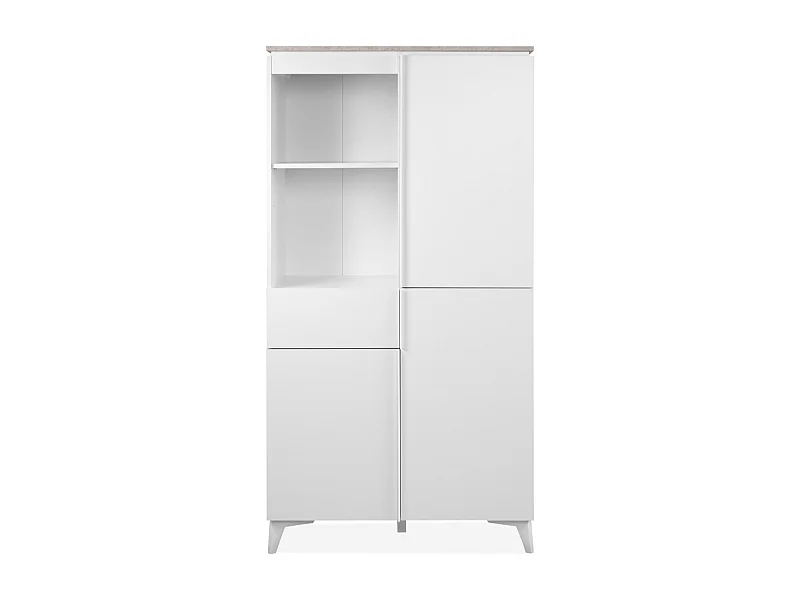 Buffet haut 3 portes, 3 étagères, 1 tiroir, et 2 niches décor travertin et blanc L88cm - BERTRIX