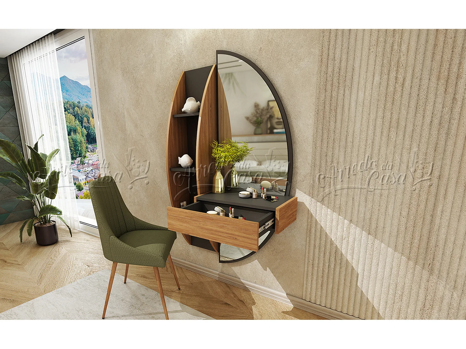 Toeletta sospesa 89,5x175x42 cm con specchio in grafite e rovere scuro CU48