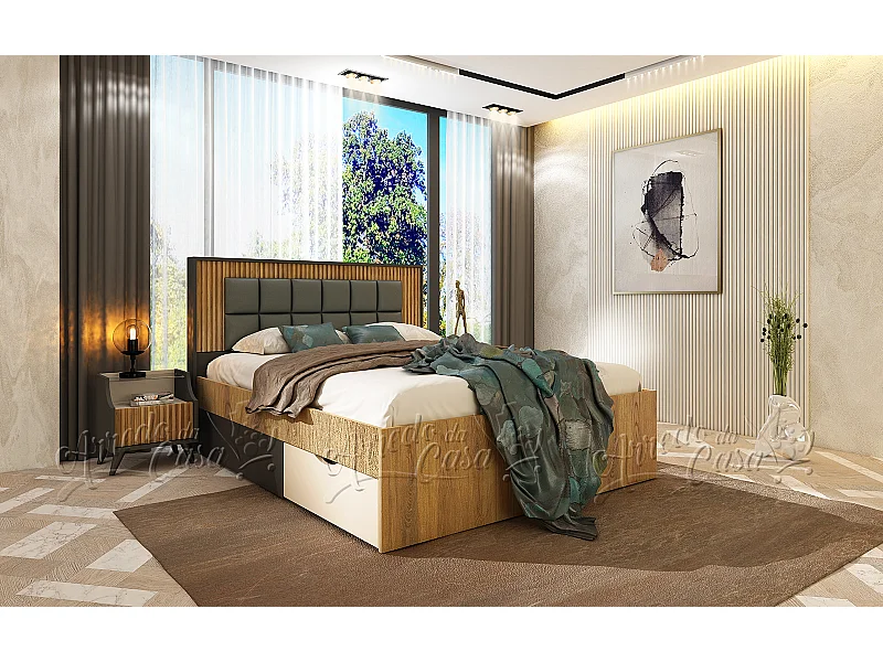 Letto matrimoniale 160x200 cm con cassetti rovere scuro, beige e grafite LU47