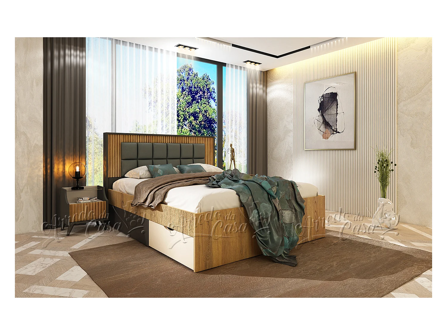Letto matrimoniale 160x200 cm con cassetti rovere scuro, beige e grafite LU47