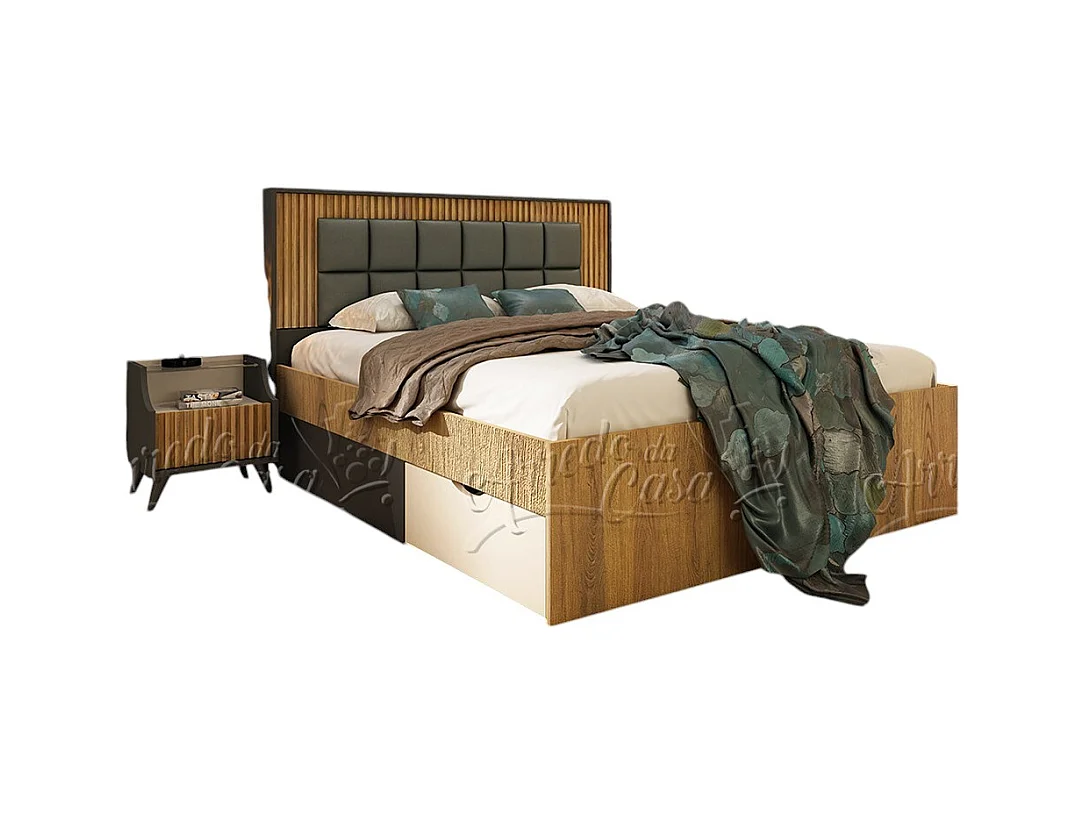 Letto matrimoniale 160x200 cm con cassetti rovere scuro, beige e grafite LU47