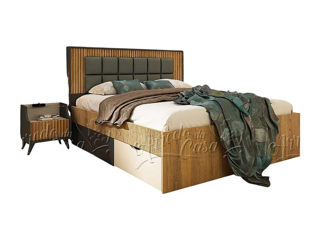Letto matrimoniale 160x200 cm con cassetti rovere scuro, beige e grafite LU47