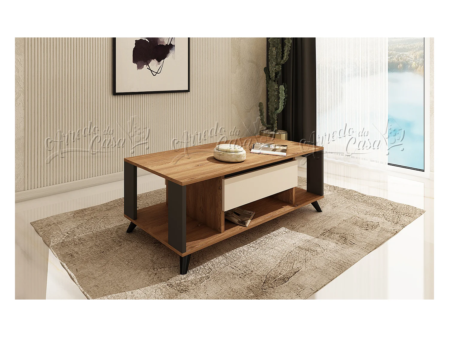 Tavolino  con cassetto, 110x53,5x60 cm in rovere, grafite e beige TU7