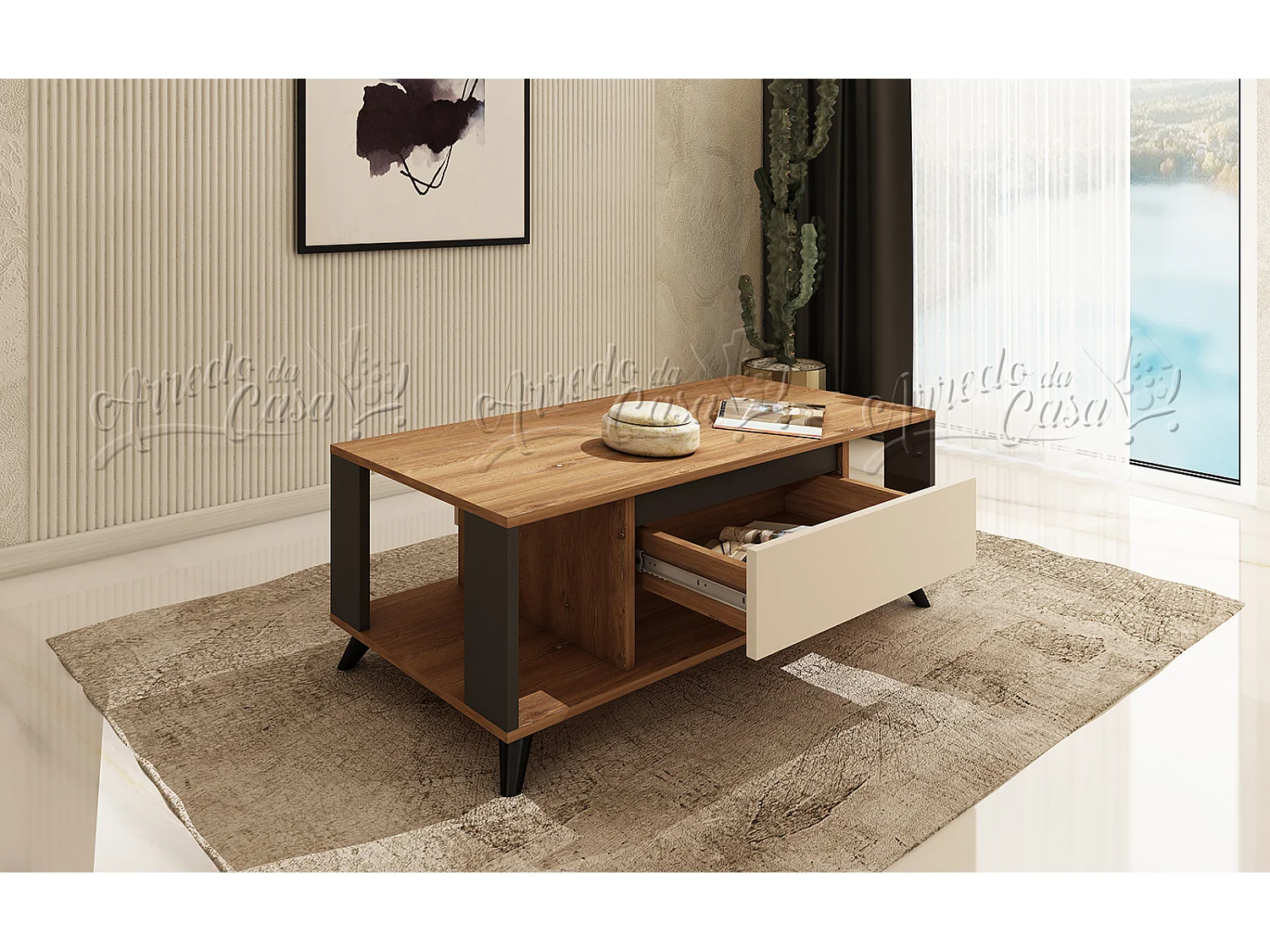 Tavolino  con cassetto, 110x53,5x60 cm in rovere, grafite e beige TU7