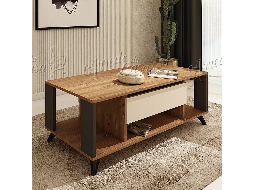 Tavolino  con cassetto, 110x53,5x60 cm in rovere, grafite e beige TU7