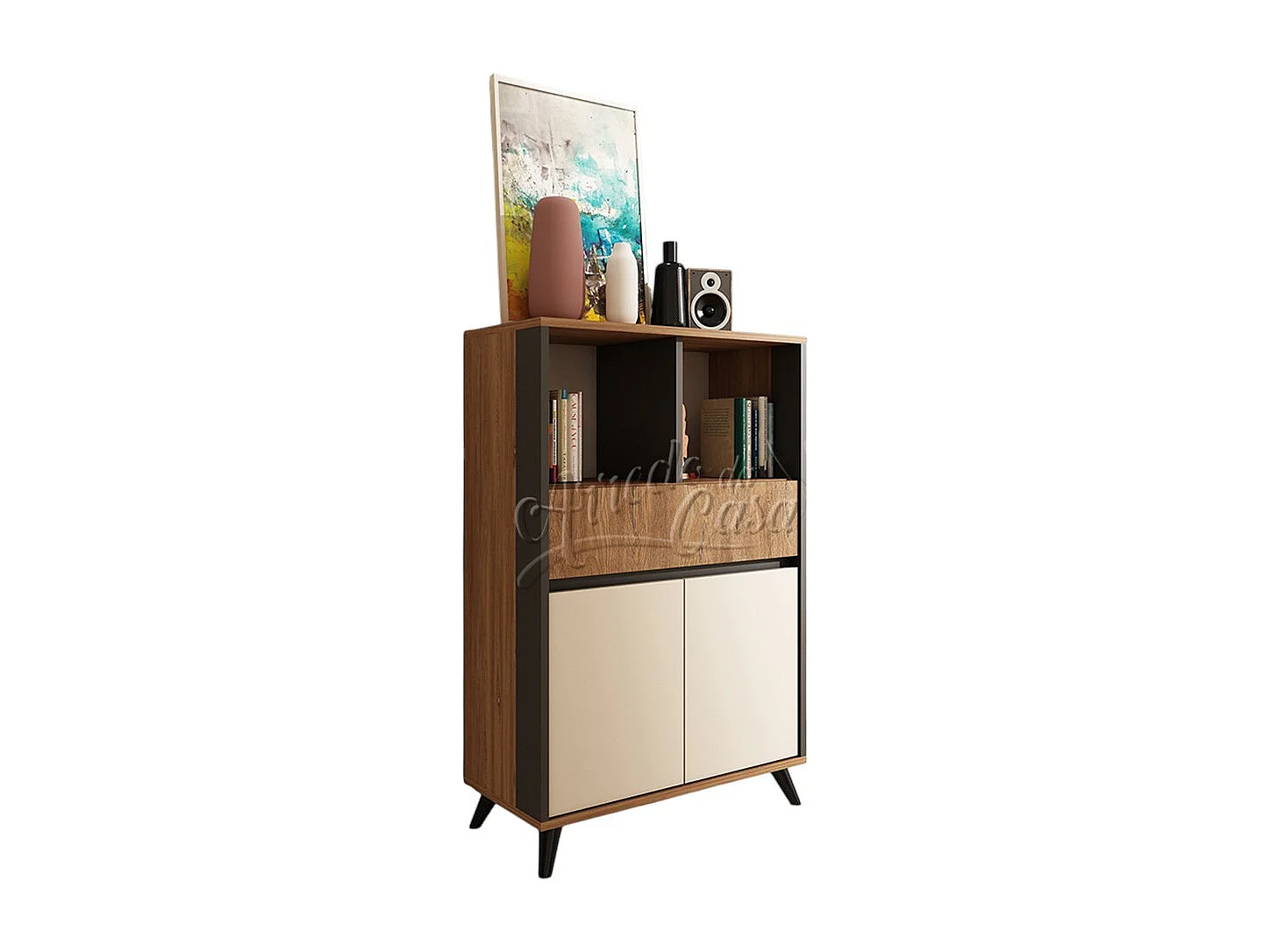 Mobile contenitore 80x125x40 cm con 2 vani a giorno in rovere, grafite e beige MCU1