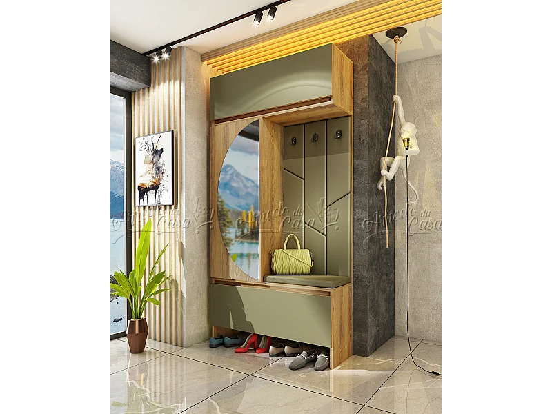 Mobile ingresso moderno con schienale imbottito 110x220x37,5 cm rovere naturale e verde oliva IU33