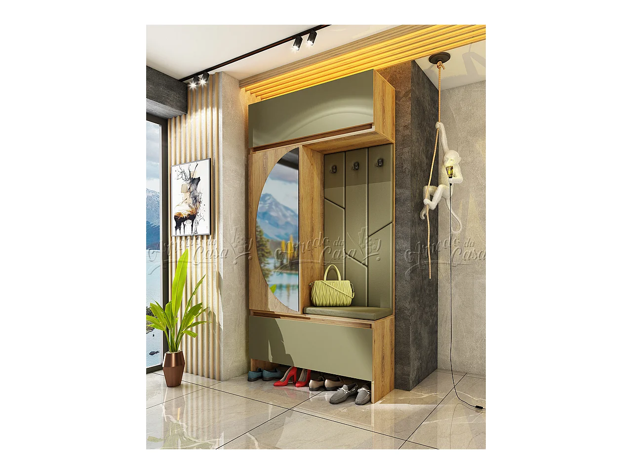 Mobile ingresso moderno con schienale imbottito 110x220x37,5 cm rovere naturale e verde oliva IU33