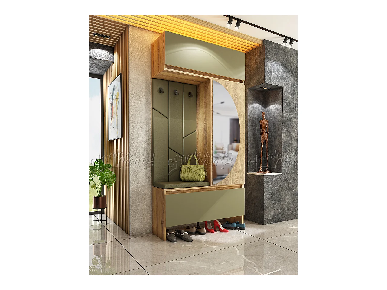 Mobile ingresso moderno con schienale imbottito 110x220x37,5 cm rovere naturale e verde oliva IU33