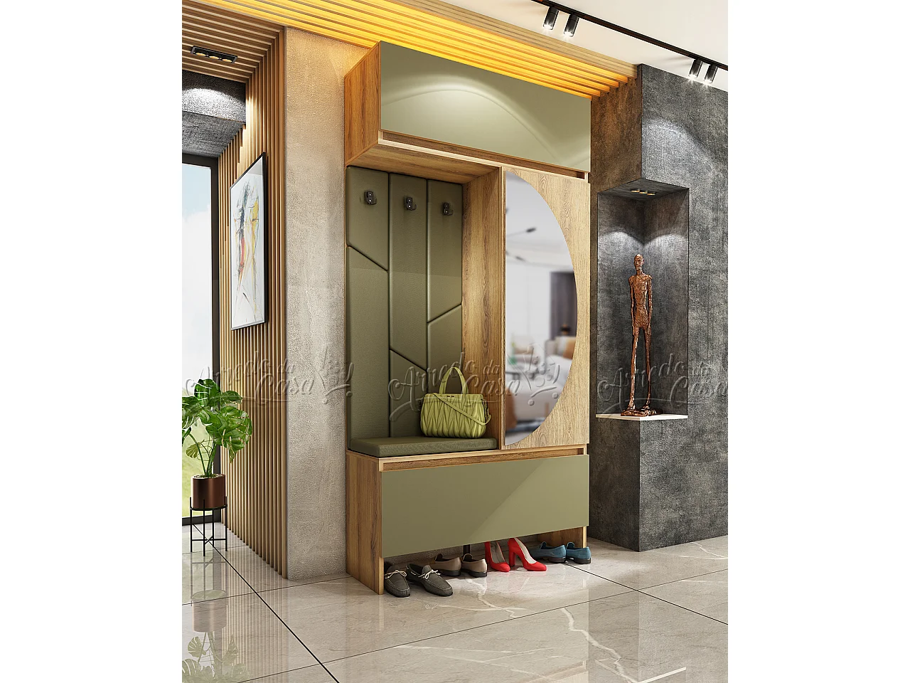 Mobile ingresso moderno con schienale imbottito 110x220x37,5 cm rovere naturale e verde oliva IU33