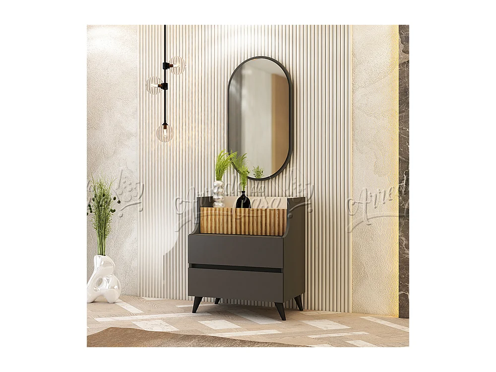 Comò con specchio e 3 cassetti rovere scuro, beige e grafite CU47