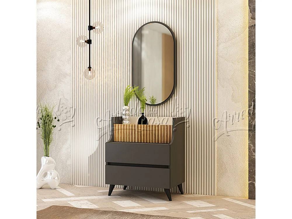 Comò con specchio e 3 cassetti rovere scuro, beige e grafite CU47