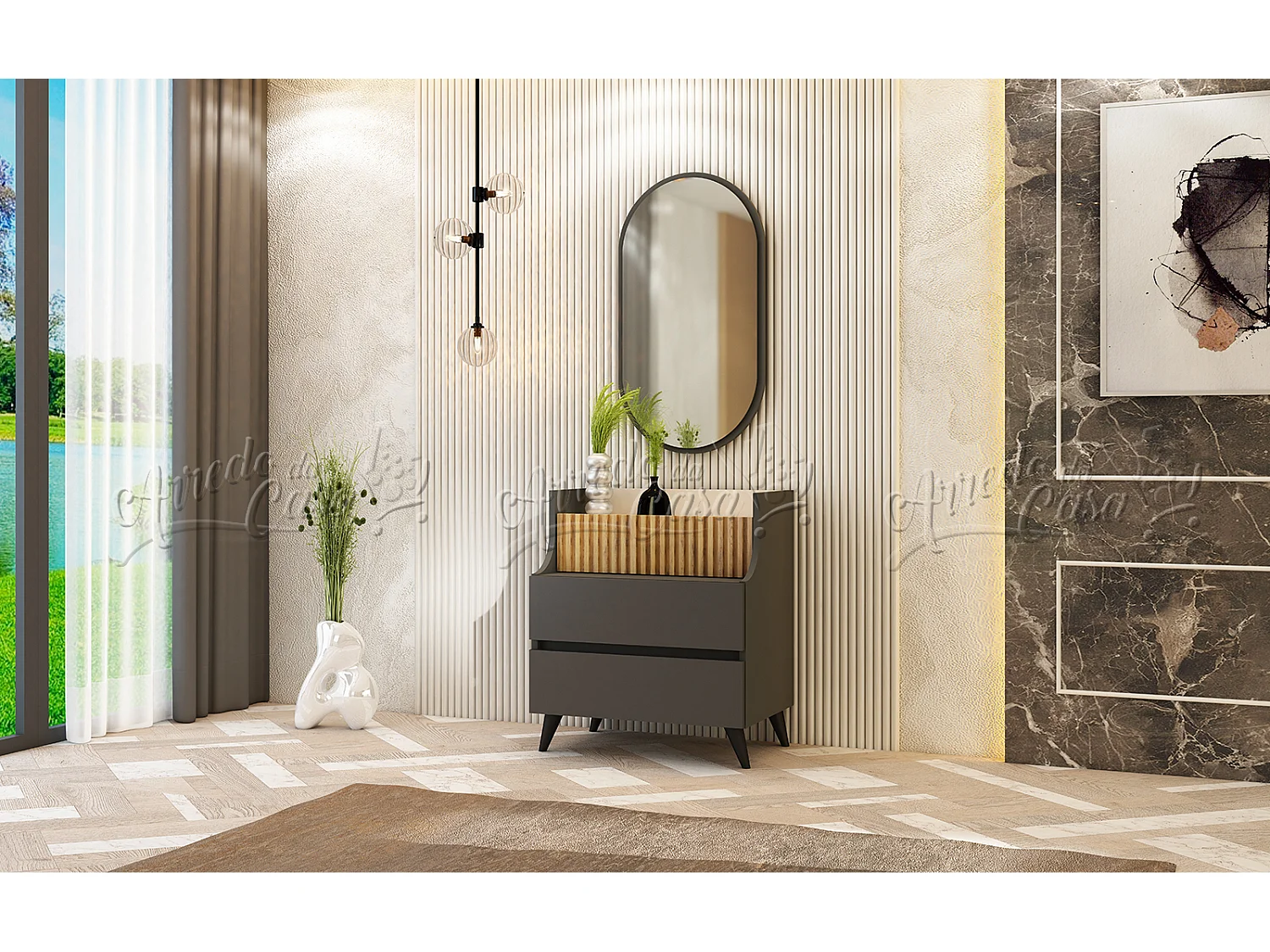 Comò con specchio e 3 cassetti rovere scuro, beige e grafite CU47