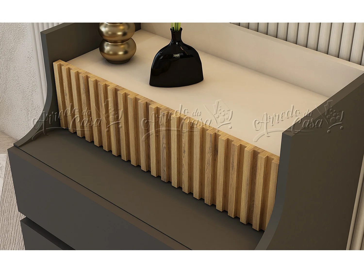 Comò con specchio e 3 cassetti rovere scuro, beige e grafite CU47