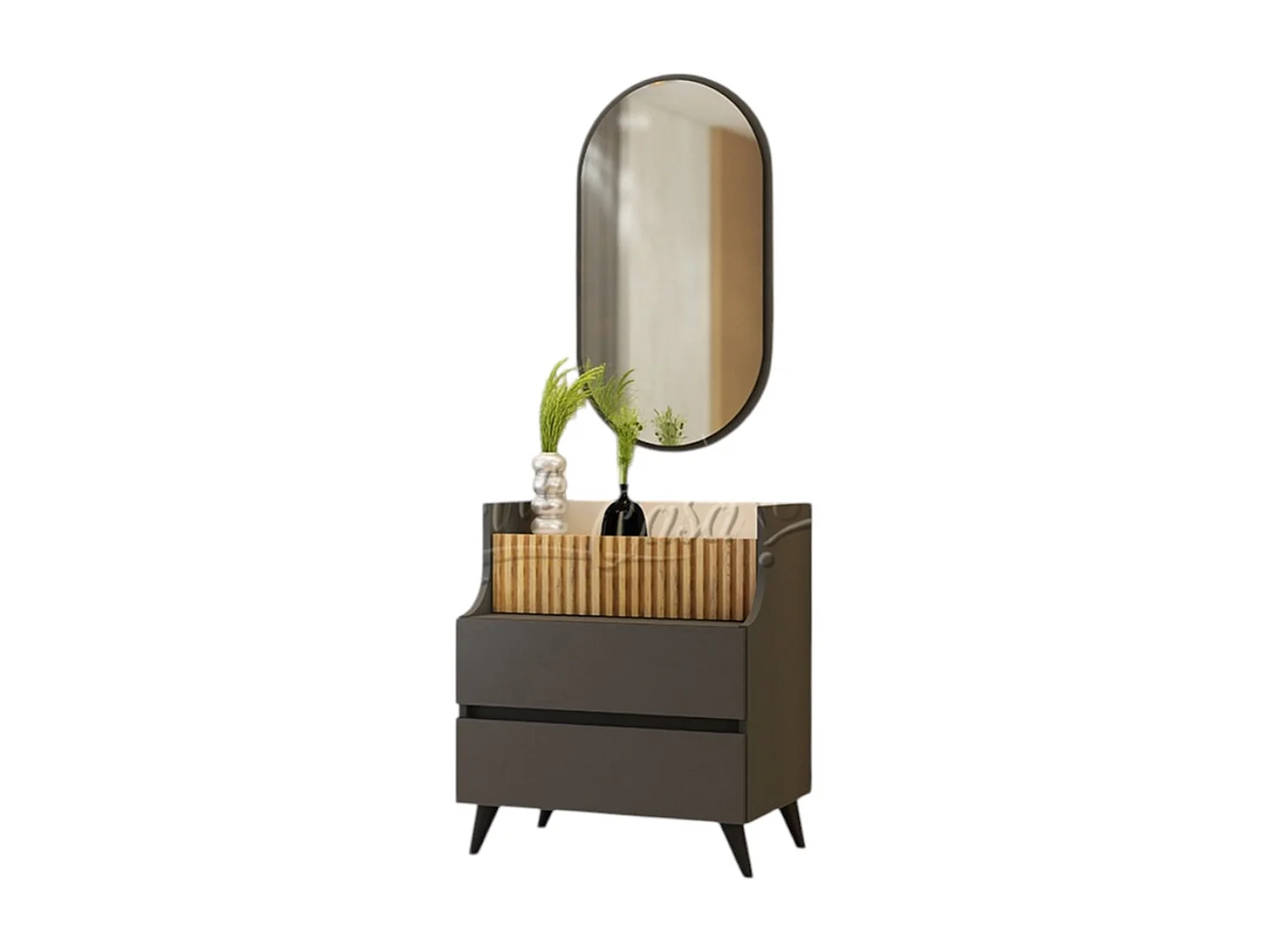 Comò con specchio e 3 cassetti rovere scuro, beige e grafite CU47