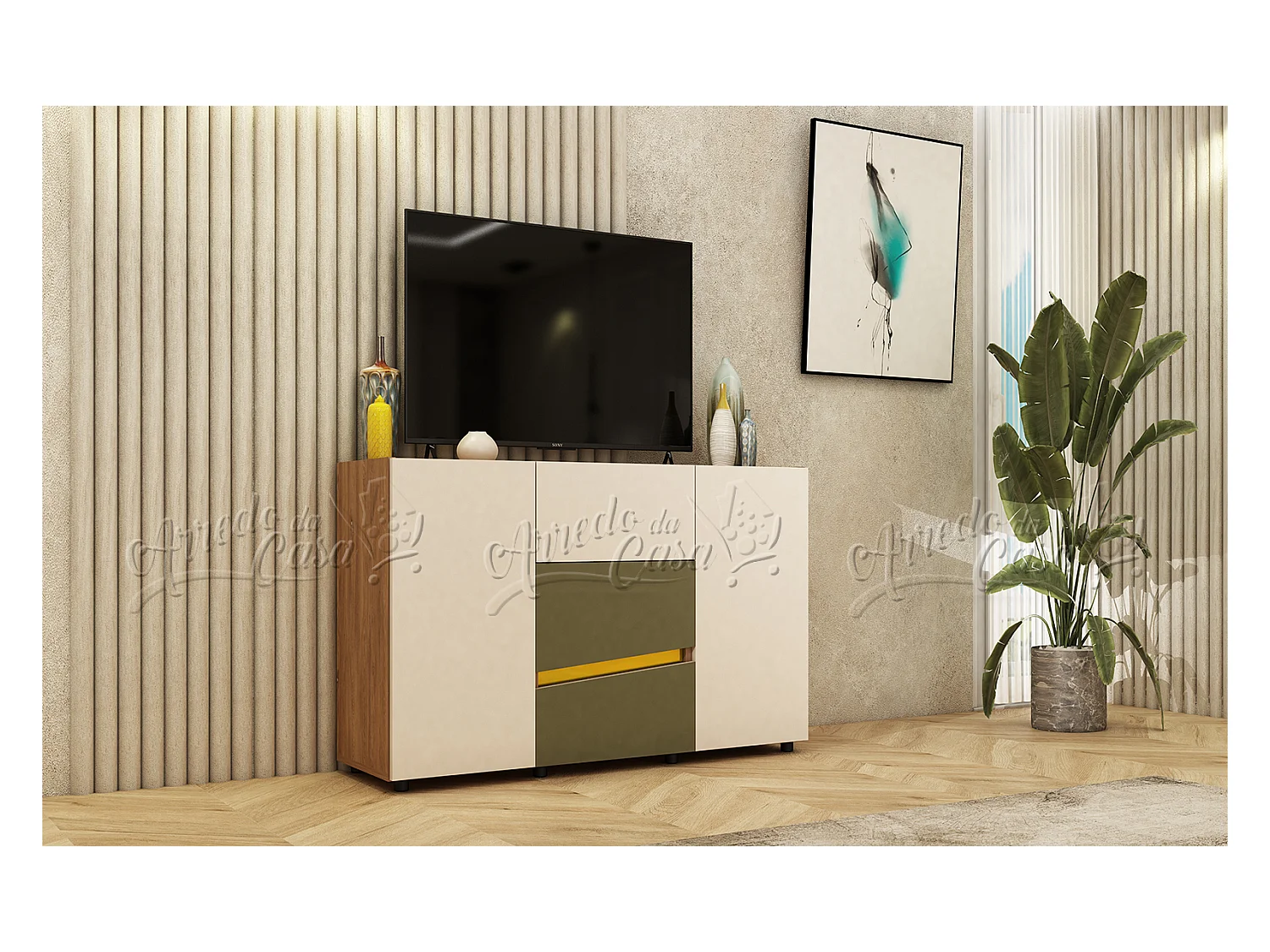 Comò con dettagli dorati 130x85x43 cm in noce, beige, verde oliva CU45