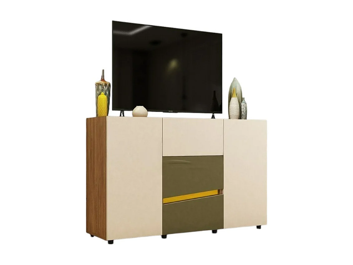 Comò con dettagli dorati 130x85x43 cm in noce, beige, verde oliva CU45
