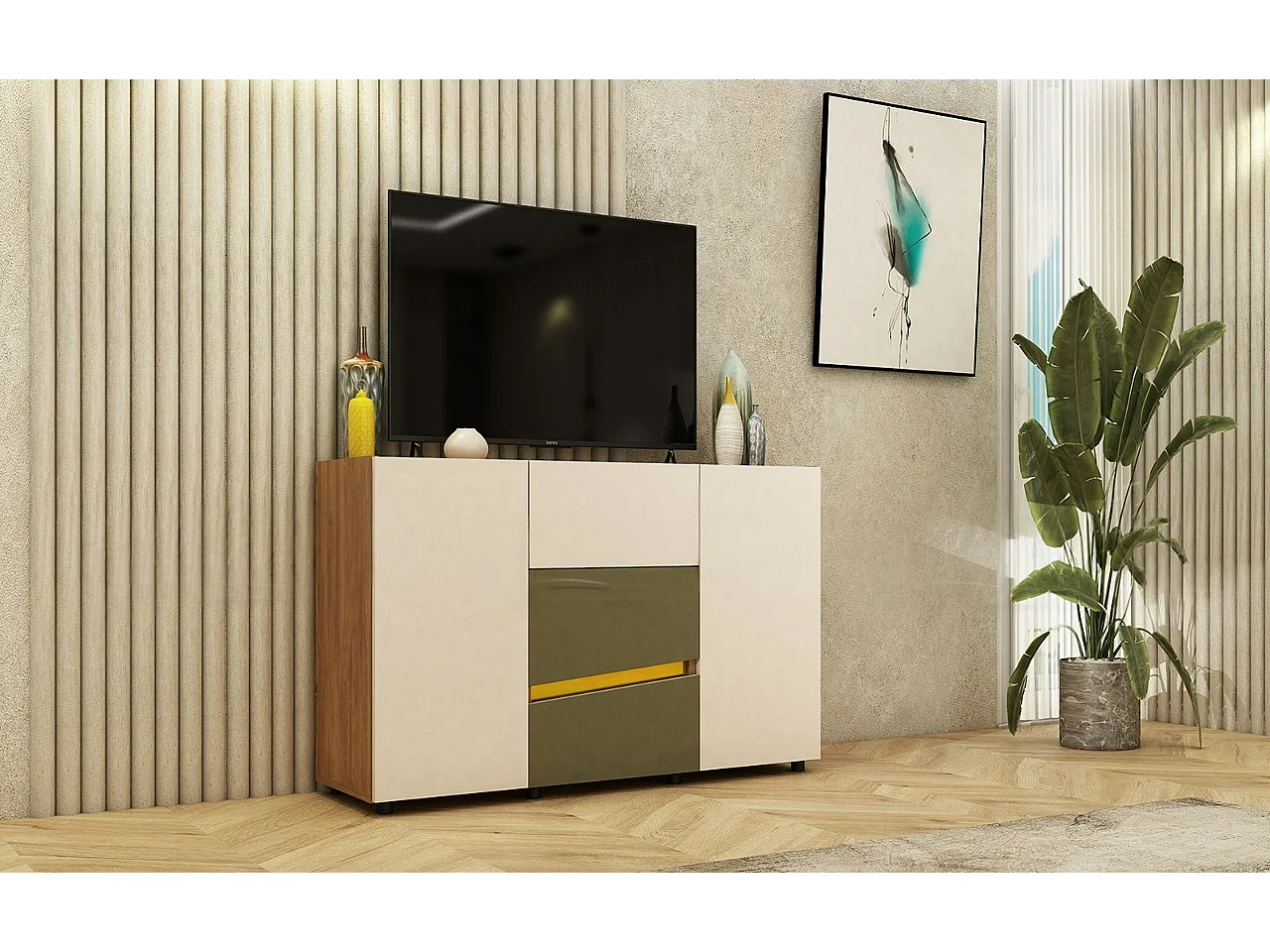 Comò con dettagli dorati 130x85x43 cm in noce, beige, verde oliva CU45