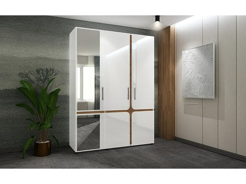 Armadio moderno ad ante battenti 150x200,5x52 cm in bianco lucido e noce AU48