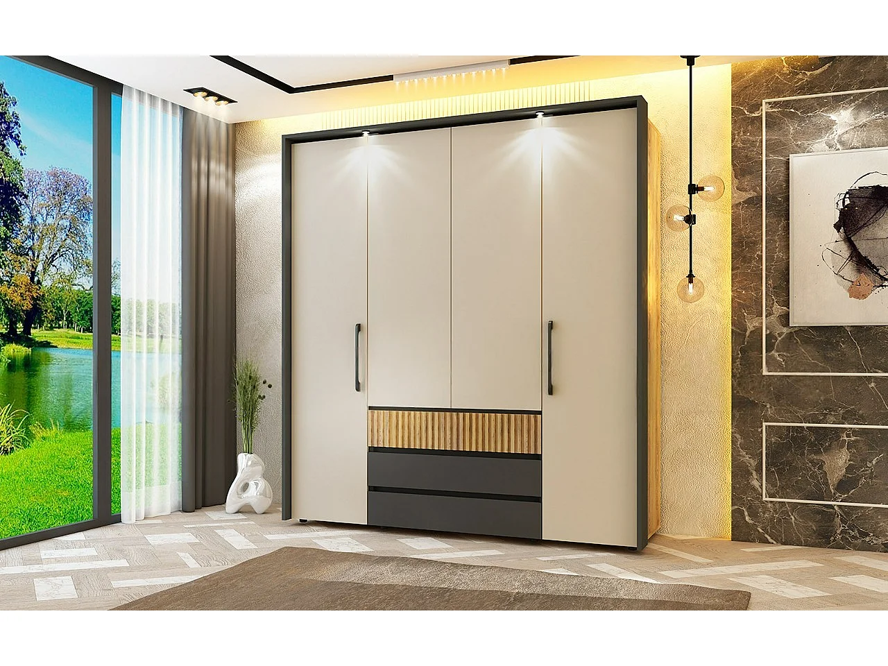 Armadio con ante a soffietto e LED 180x210x57 rovere scuro, beige e grafite AU49