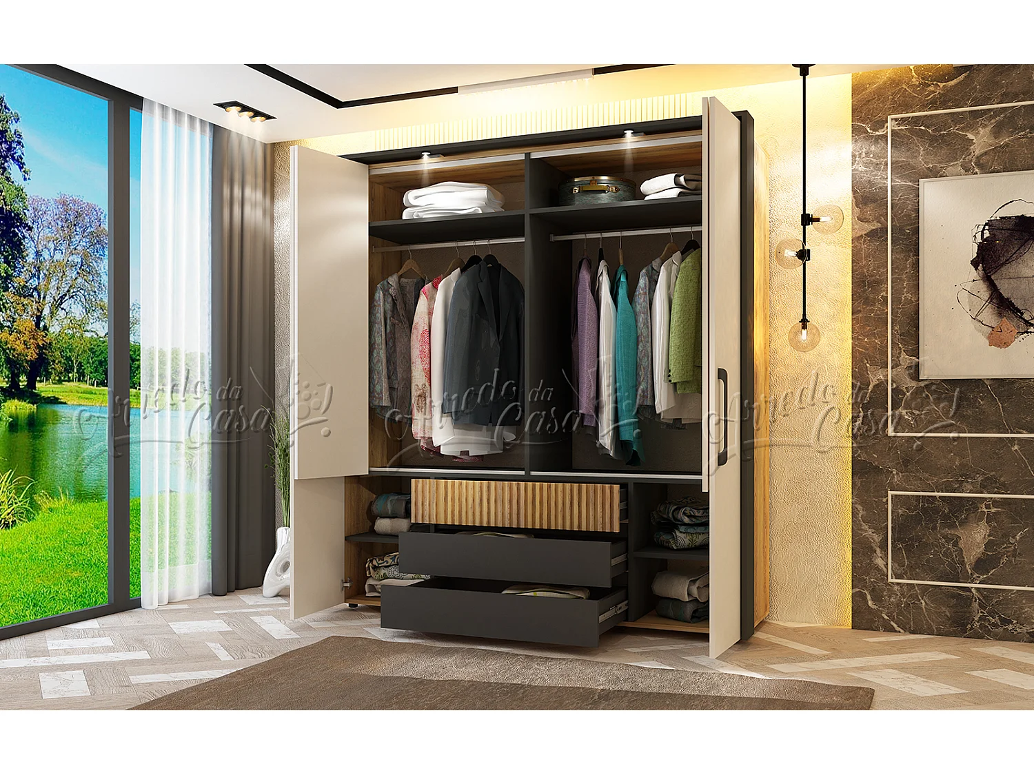 Armadio con ante a soffietto e LED 180x210x57 rovere scuro, beige e grafite AU49