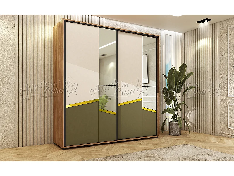 Armadio con ante scorrevoli e specchio 200x210x60 cm noce, beige e verde oliva AU47