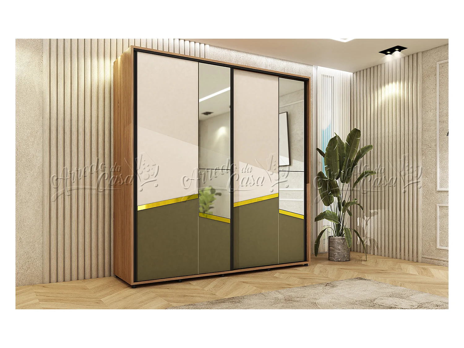 Armadio con ante scorrevoli e specchio 200x210x60 cm noce, beige e verde oliva AU47