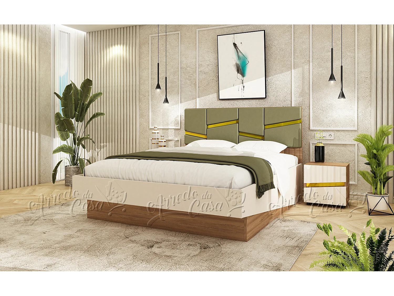 Letto contenitore 160x200 cm testiera imbottita e comodini, beige e verde oliva LU45