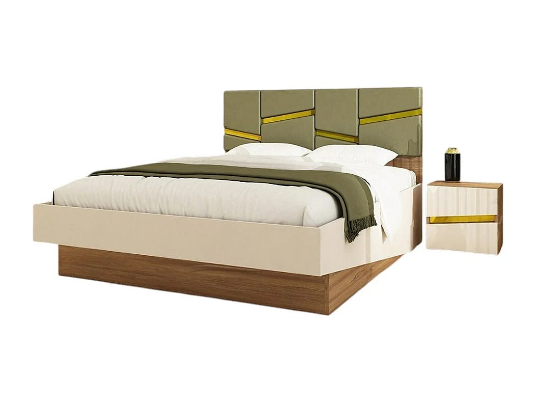 Letto contenitore 160x200 cm testiera imbottita e comodini, beige e verde oliva LU45
