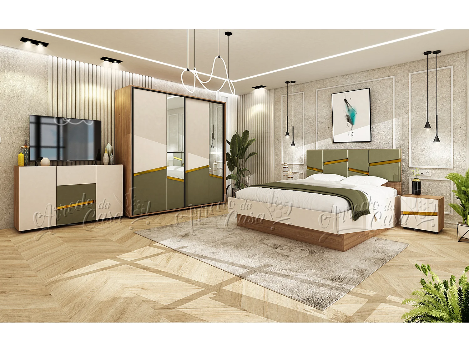 Mobili camera da letto 160x200 cm con letto contenitore in noce, beige e verde oliva CDLU38