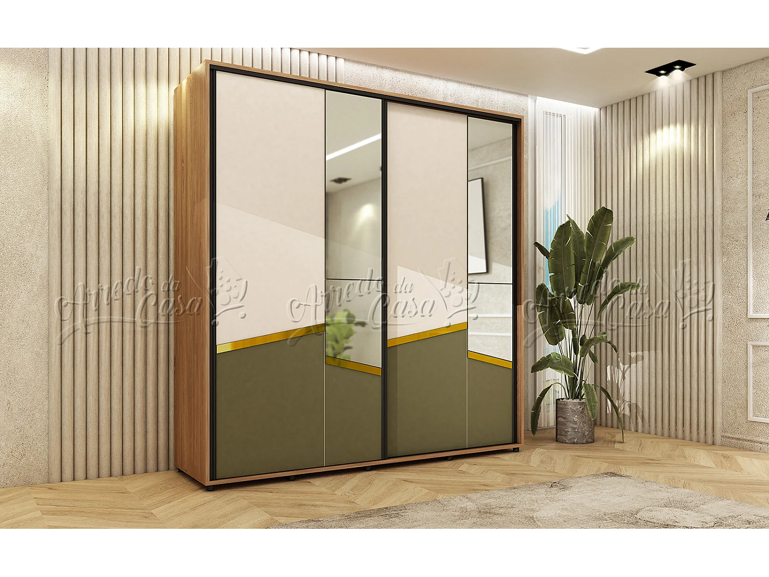 Mobili camera da letto 160x200 cm con letto contenitore in noce, beige e verde oliva CDLU38