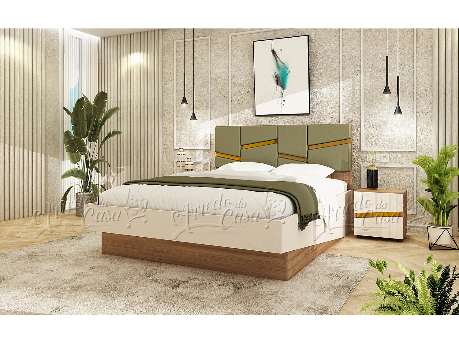 Mobili camera da letto 160x200 cm con letto contenitore in noce, beige e verde oliva CDLU38
