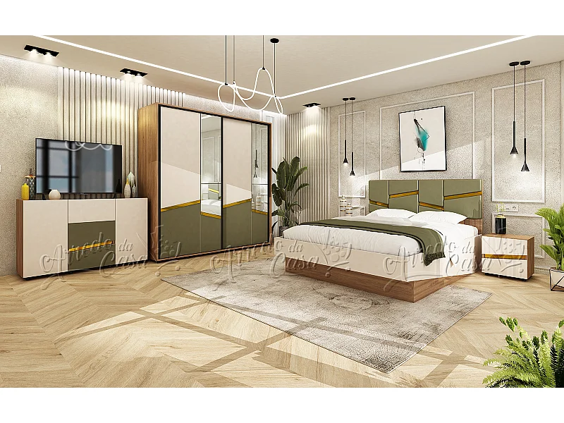 Mobili camera da letto 160x200 cm con letto contenitore in noce, beige e verde oliva CDLU38