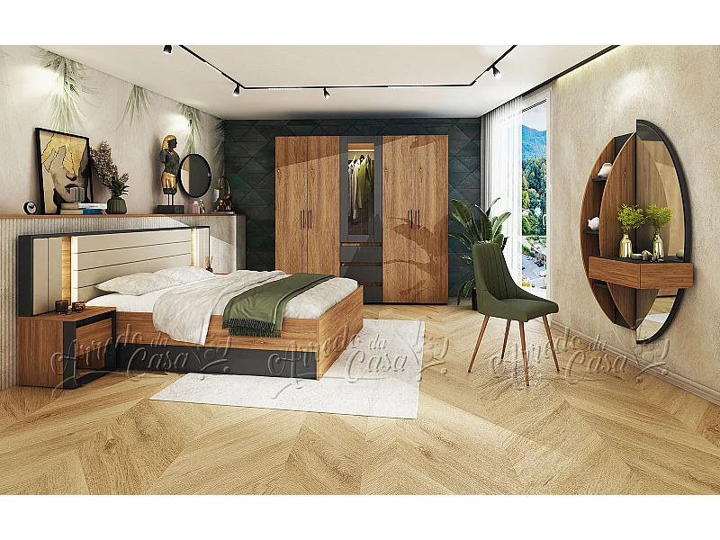 Set di mobili per camera matrimoniale con letto 160x200 cm, LED, Grafite e Rovere CDLU41