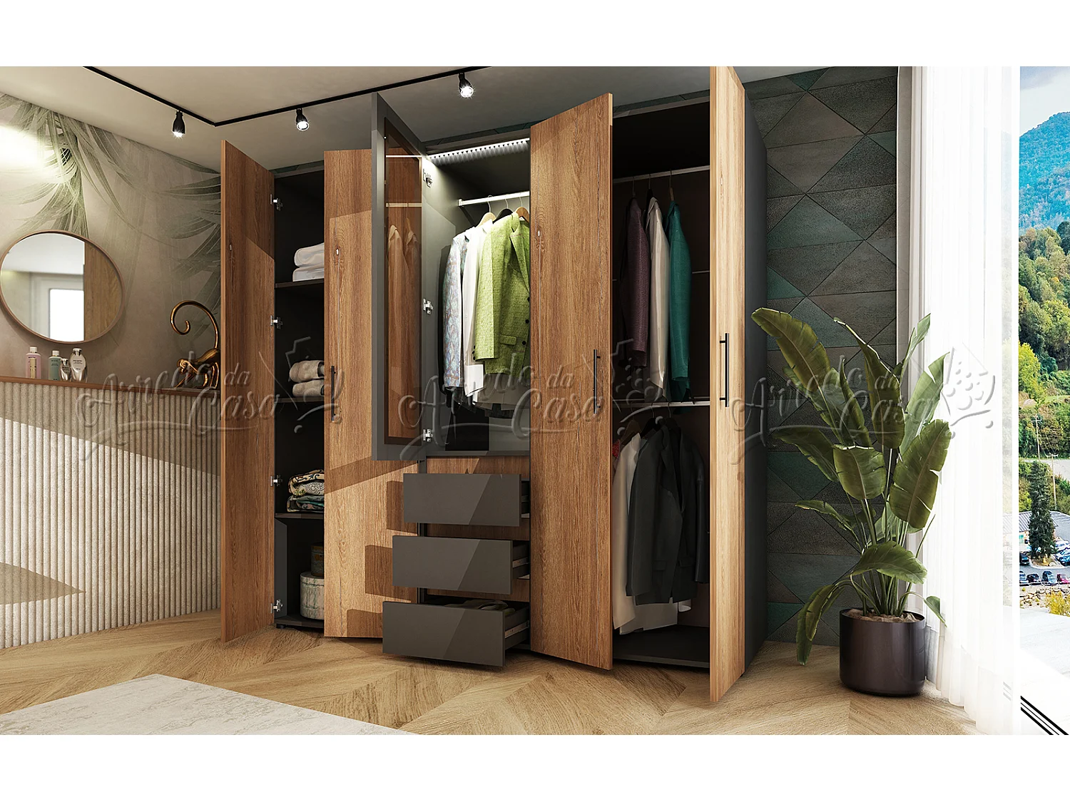 Set di mobili per camera matrimoniale con letto 160x200 cm, LED, Grafite e Rovere CDLU41