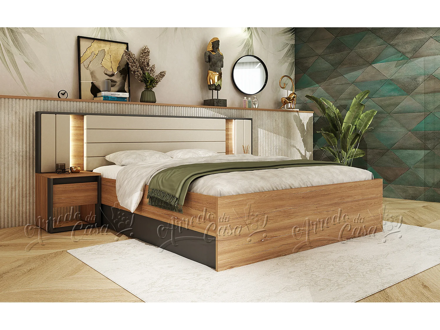 Set di mobili per camera matrimoniale con letto 160x200 cm, LED, Grafite e Rovere CDLU41