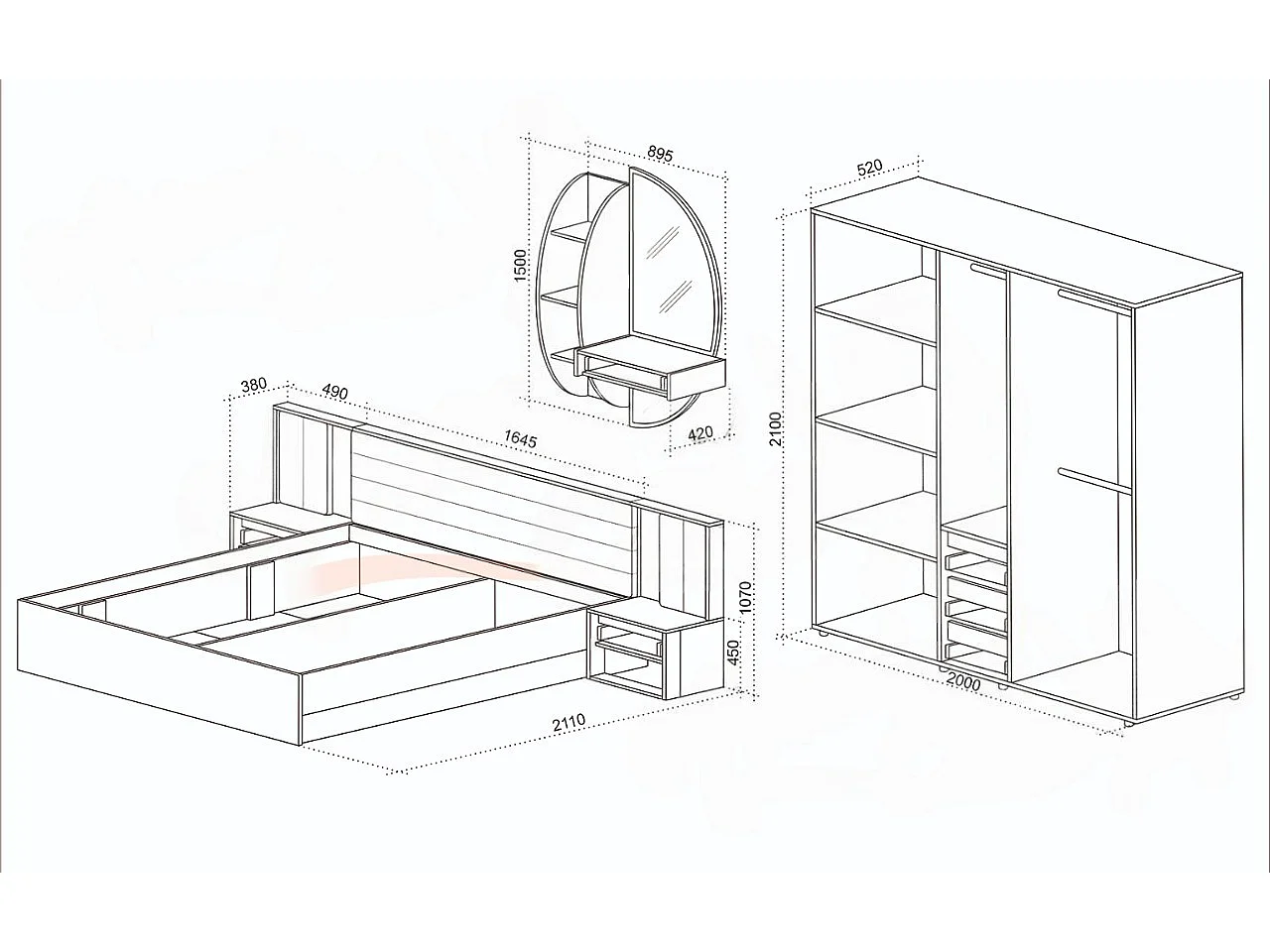 Set di mobili per camera matrimoniale con letto 160x200 cm, LED, Grafite e Rovere CDLU41