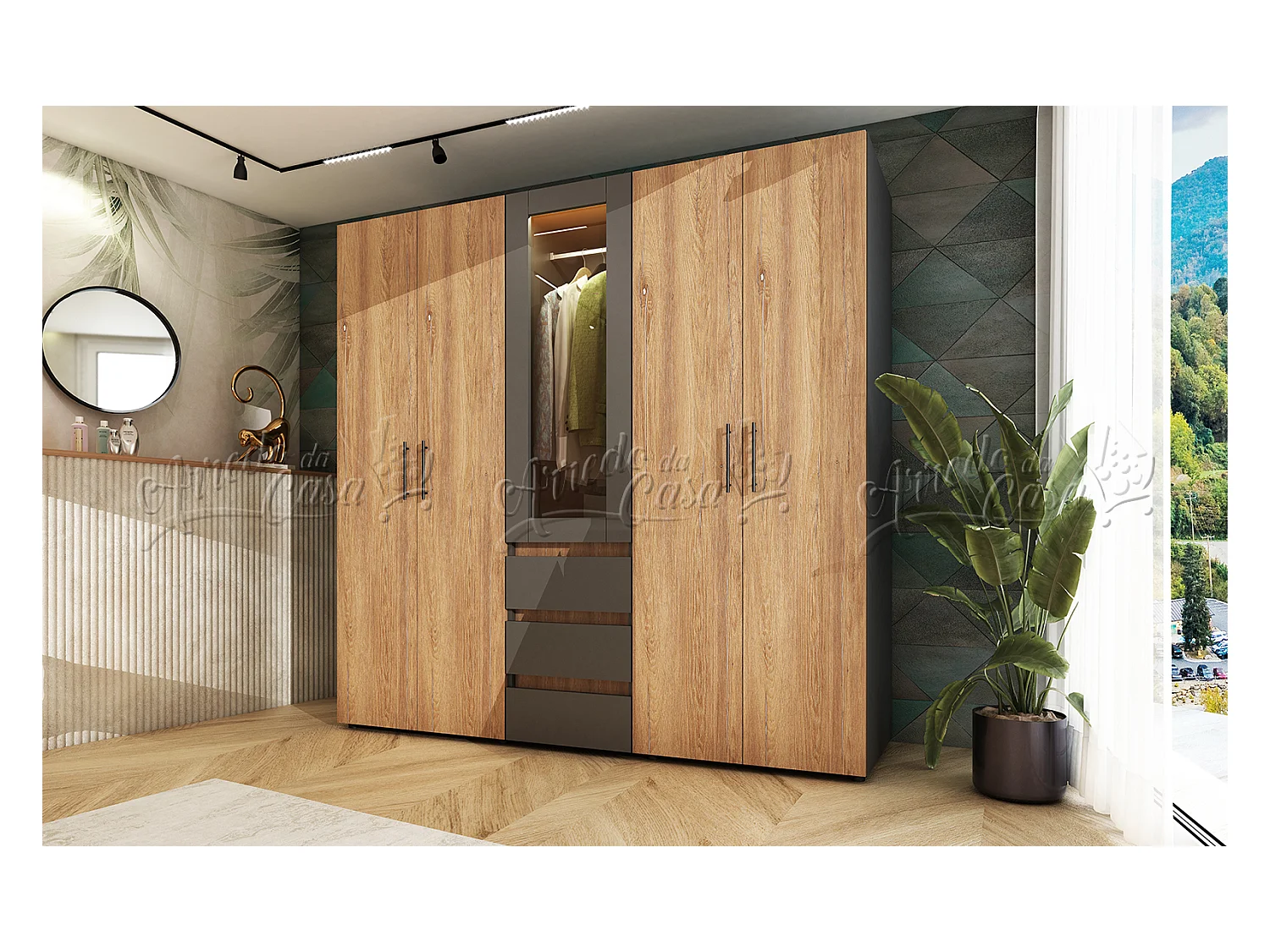 Armadio 5 ante battenti 200x210x52 cm grafite e rovere scuro AU50