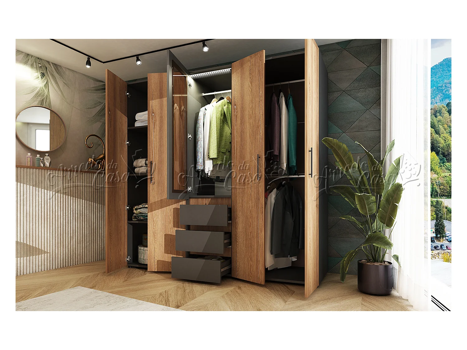 Armadio 5 ante battenti 200x210x52 cm grafite e rovere scuro AU50