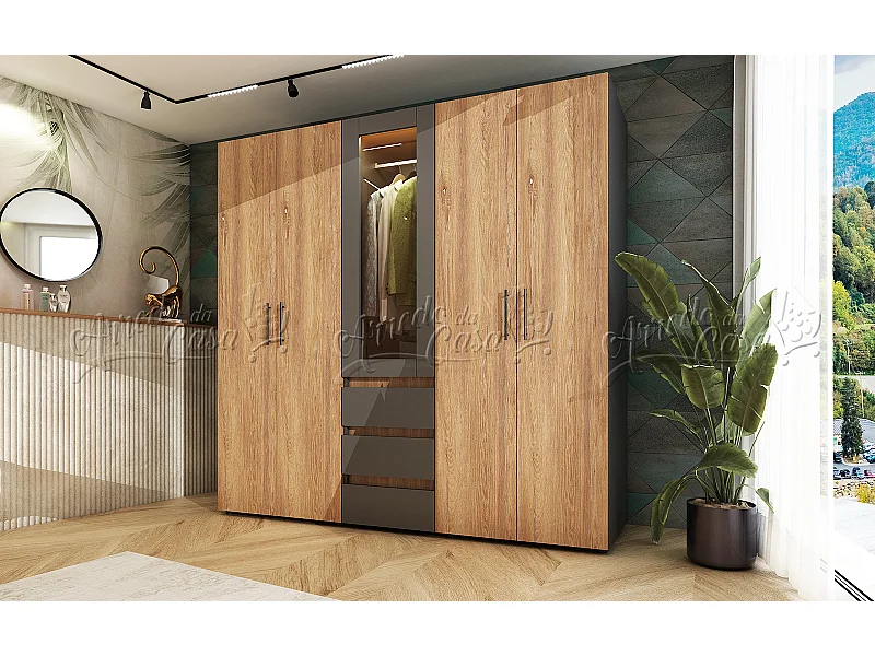 Armadio 5 ante battenti 200x210x52 cm grafite e rovere scuro AU50