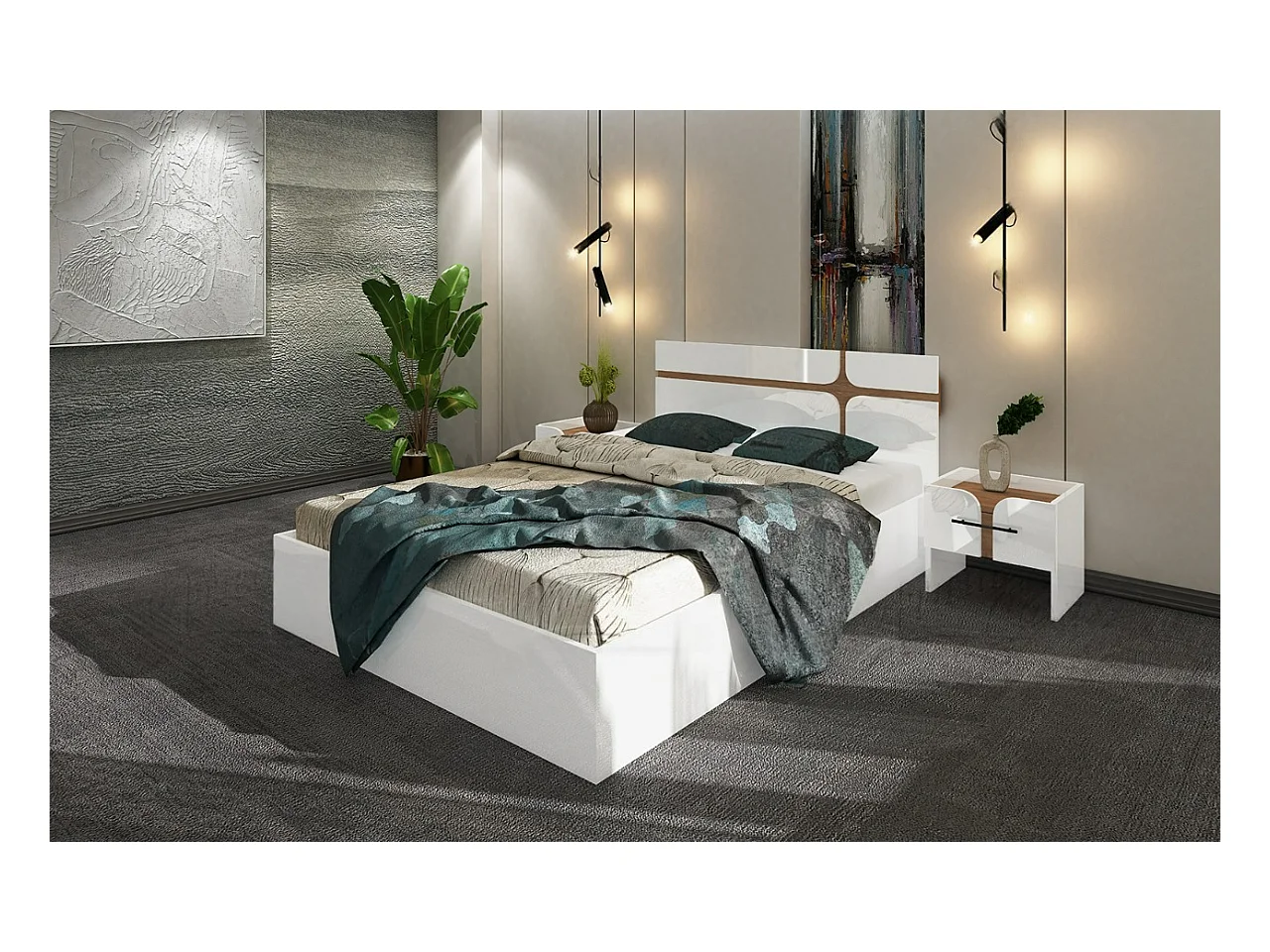 Letto contenitore alla francese con comodini bianco lucido e noce LU46
