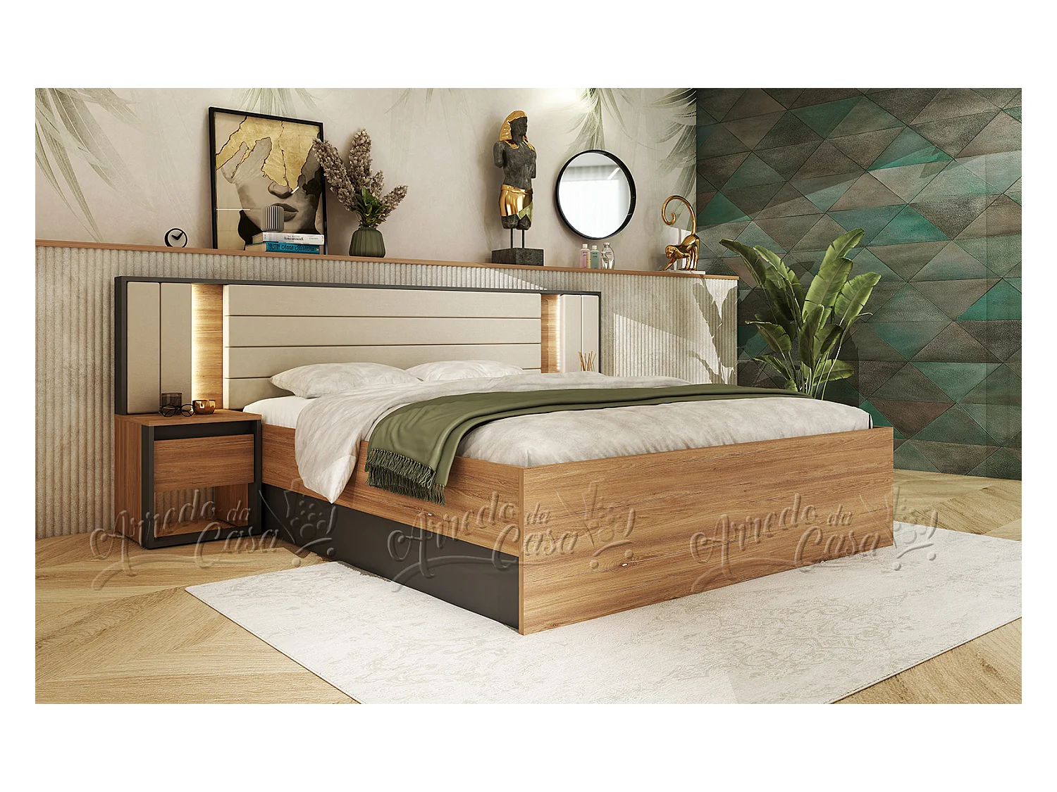 Letto matrimoniale contenitore 160x200 cm con comodini e LED in grafite e rovere LU48