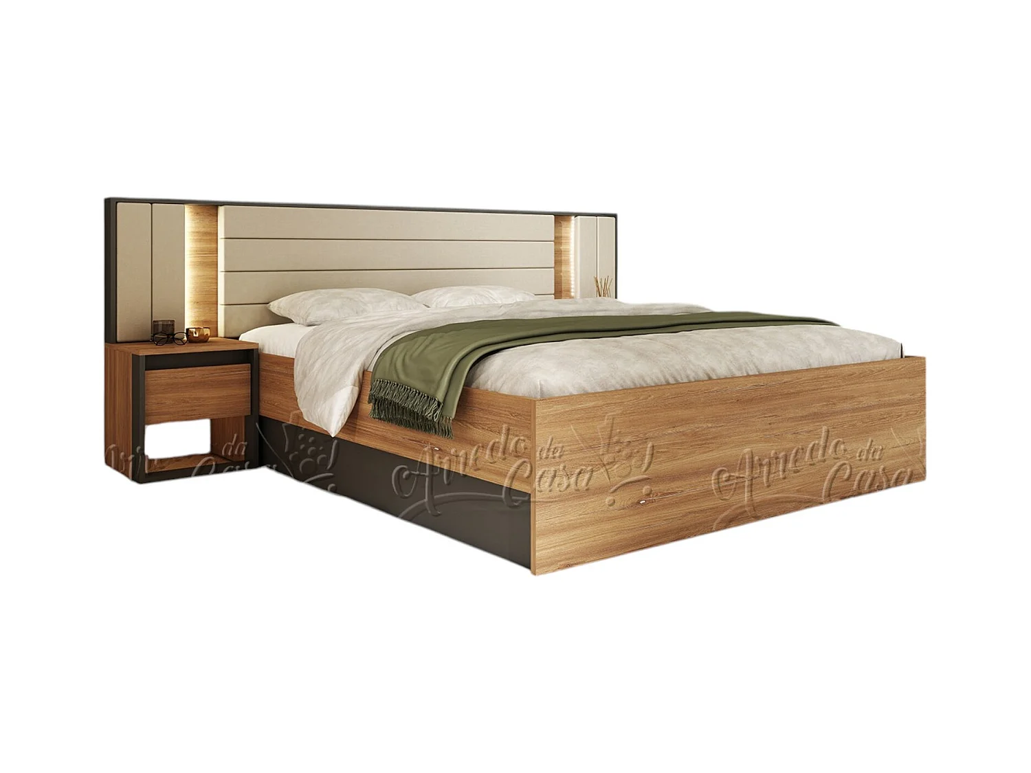 Letto matrimoniale contenitore 160x200 cm con comodini e LED in grafite e rovere LU48