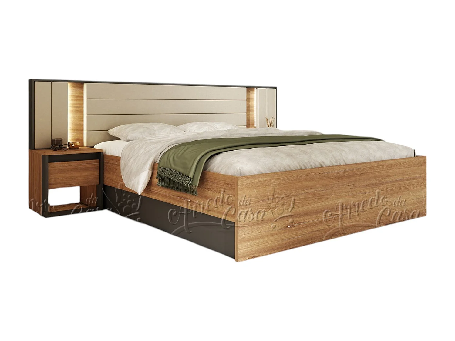 Letto matrimoniale contenitore 160x200 cm con comodini e LED in grafite e rovere LU48